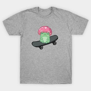 Kawaii Frog On Skateboard With Mushroom Hat T-Shirt